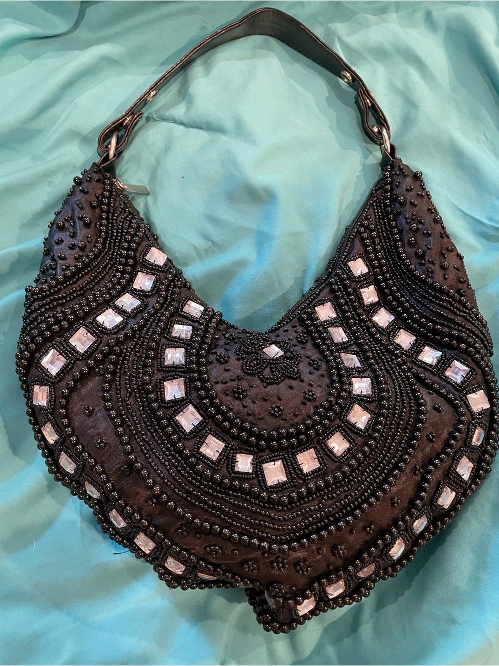Black Beaded Rhinestone Evening Hobo Bag | Y2K Glam Cocktail Purse - Picture 1 of 4